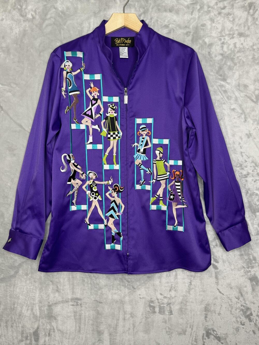 Bob Mackie Jacket Womens Small Purple Embroidered Wearable Art Zip Front Dancer